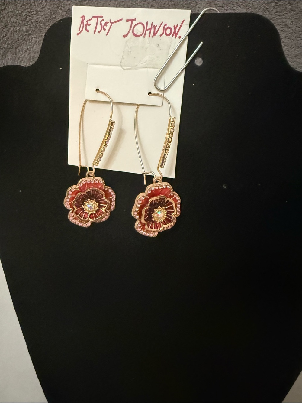🌸Betsey Johnson Gold-Tone Pink Floral Drop Earrings with Crystal Centers
